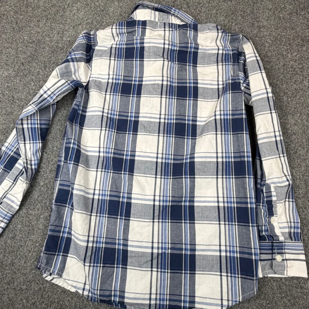 Old Navy Boys XL 14-16 Blue White Plaid Button Down Shirt Lion Logo Long‎ Sleeve